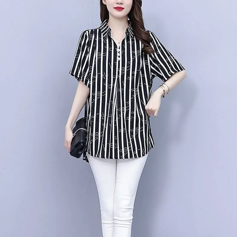 Fashion Striped Printed Letter Shirt Women\'s Clothing Turn-down Collar Button Commute Summer Casual Loose Short Sleeve Blouse