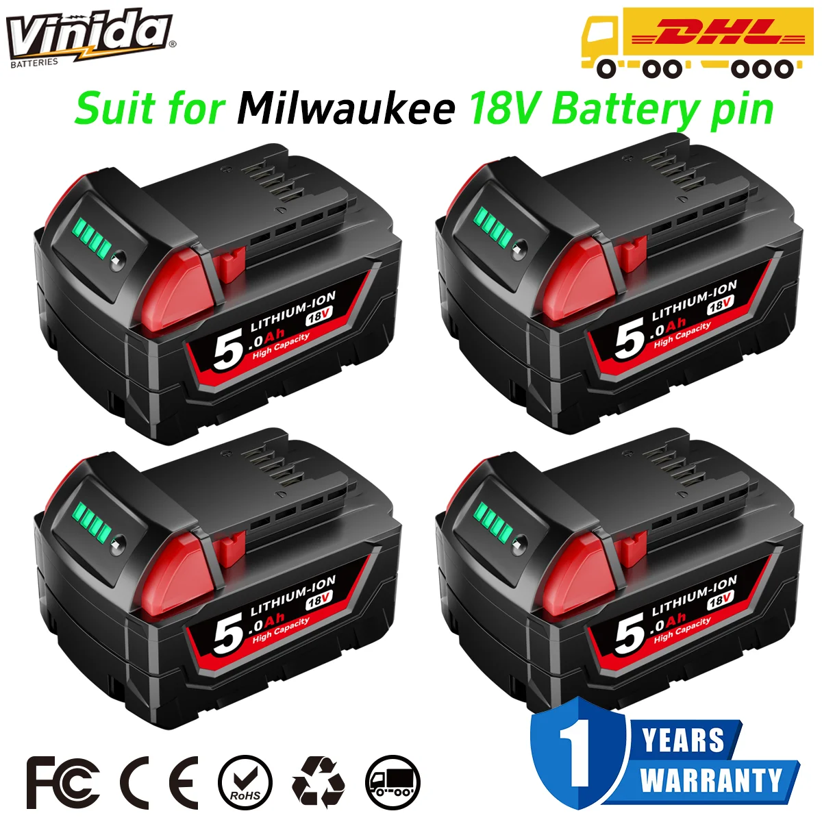 VINIDA M18 5.0Ah Battery Replace for Milwaukee M-18 Cordless Power Tools Lithium-Ion Battery Pin