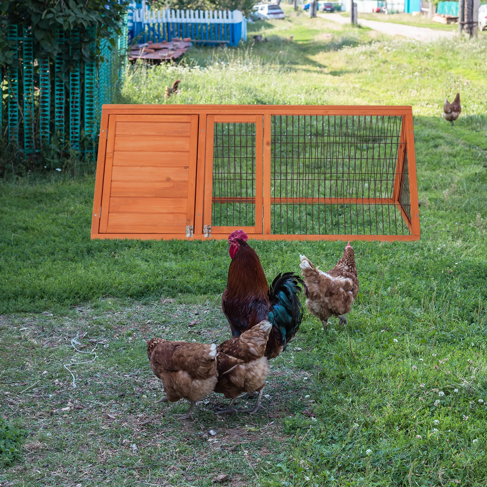 Wooden color cedar iron mesh 50 inch triangular chicken and rabbit cage