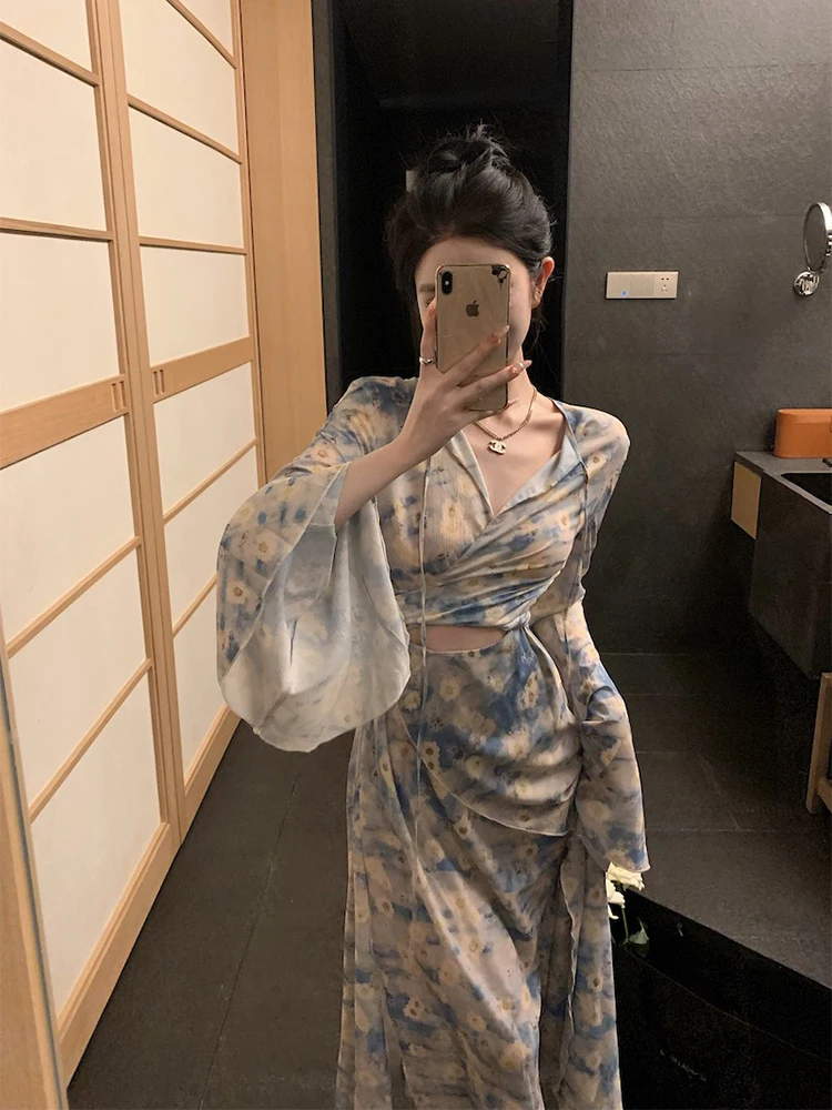 

Винтажная длинная юбка А-силуэта с цветочным принтом для женщин, весна-лето, большие размеры, сексуальная, с утягивающим эффектом на талии, корейский стиль