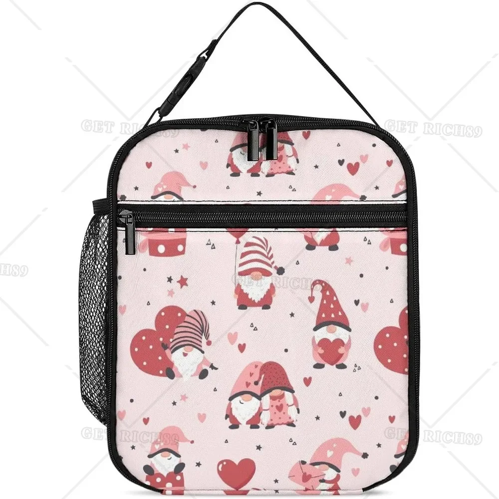 Cute Gnomes Hearts  Reusable Portable Lunch Bag for Men Women, Valentine's Day Theme Insulated Bags for Office Work Trip