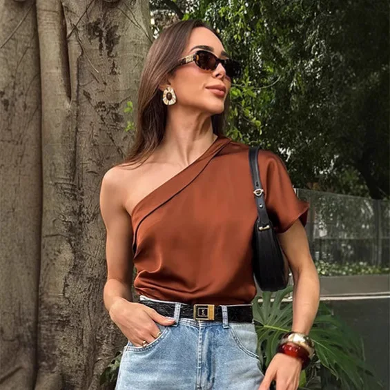 

Soefdioo Stain One Shoulder Short Sleeve Solid Chic Tshirt Women Sexy Causal Tops Strret outweat Tshirt Summer Classic Shirts