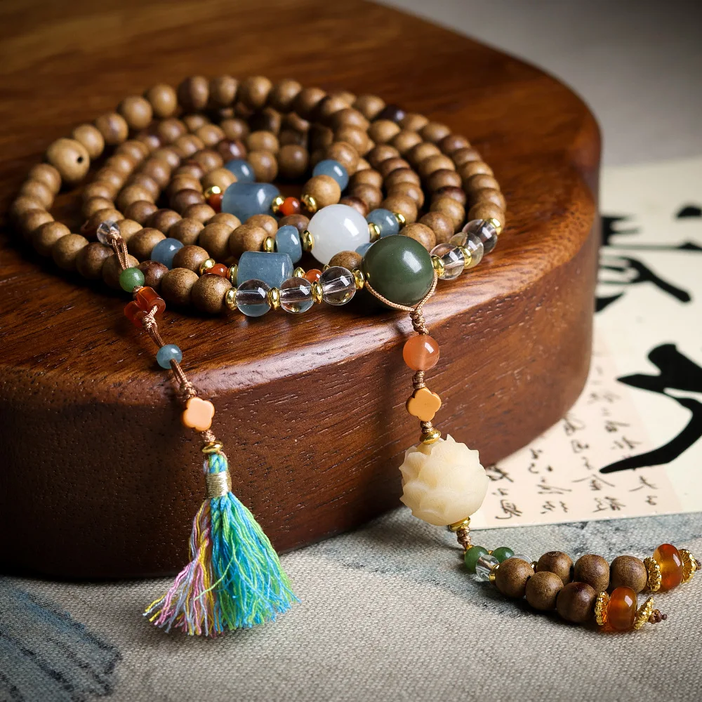Butter-colored Agarwood Bracelet Antique Bodhi Root Lotus Beads Tianshan Jadeite South Red Agate Bead Strings Wooden Necklace
