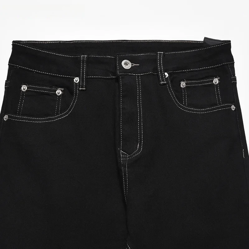 【Mirrordust】 Jeans svasati con decorazione a nastro Pantaloni da uomo a gamba dritta in tinta unita lavati da strada