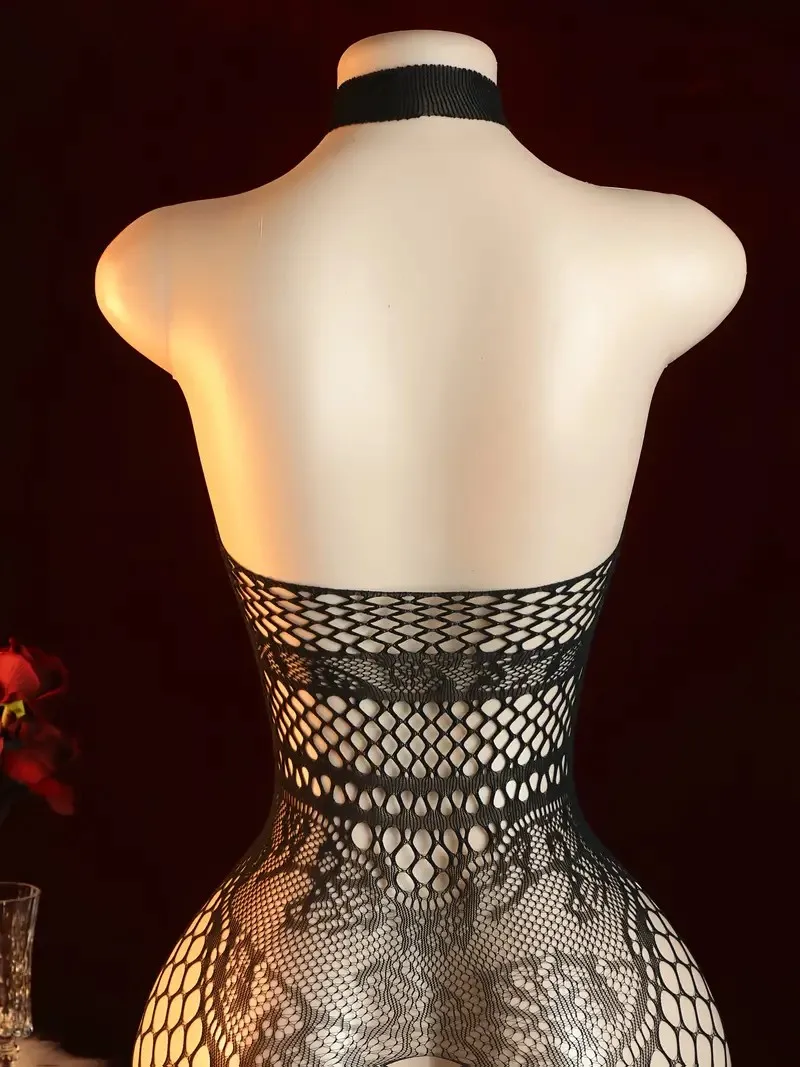Sexy Hang Neck Backless Lingerie Women Mesh Lace Transparent Babydoll Dress One-Piece Erotic Costumes Open Crotch Bodystockings image 5