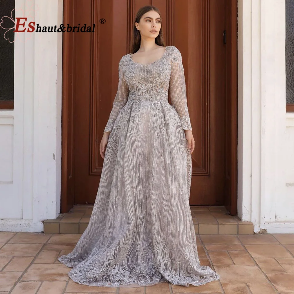 Luxury Crystal Evening Night Dresses for Women 2023 Muslim Full Lace 3/4 Sleeves Aline V Neck Formal Wedding Prom Party Gowns