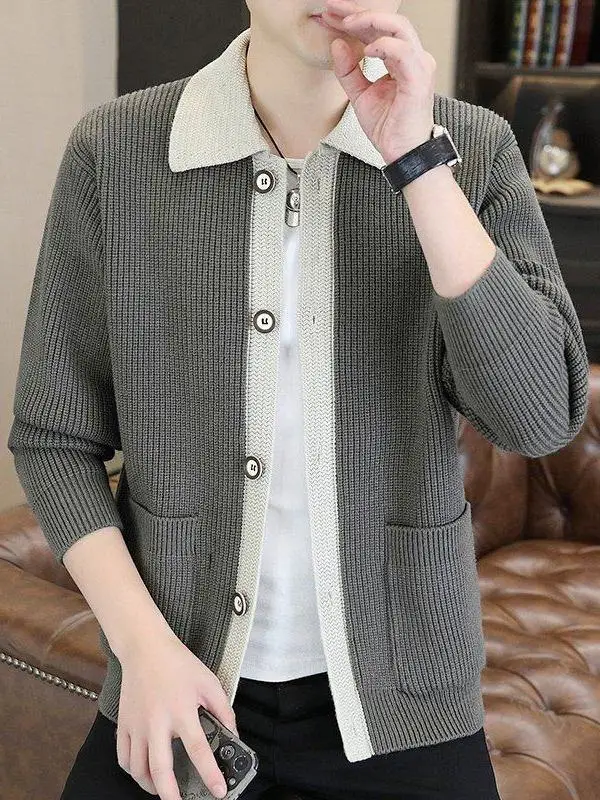 

Мужской повседневный вязаный кардиган-жакет с воротником, свитер на весну-осень, модный топ с цветными блоками, из смесового полиэстера, с длинными рукавами