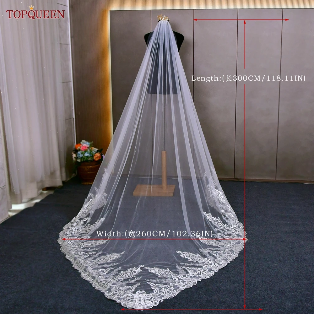 TOPQUEEN Bride V-Shaped Garden Wedding Lace Veil White 3m Long Floral Pattern With Sequins Vestido De Noiva Casamento 2024 V149