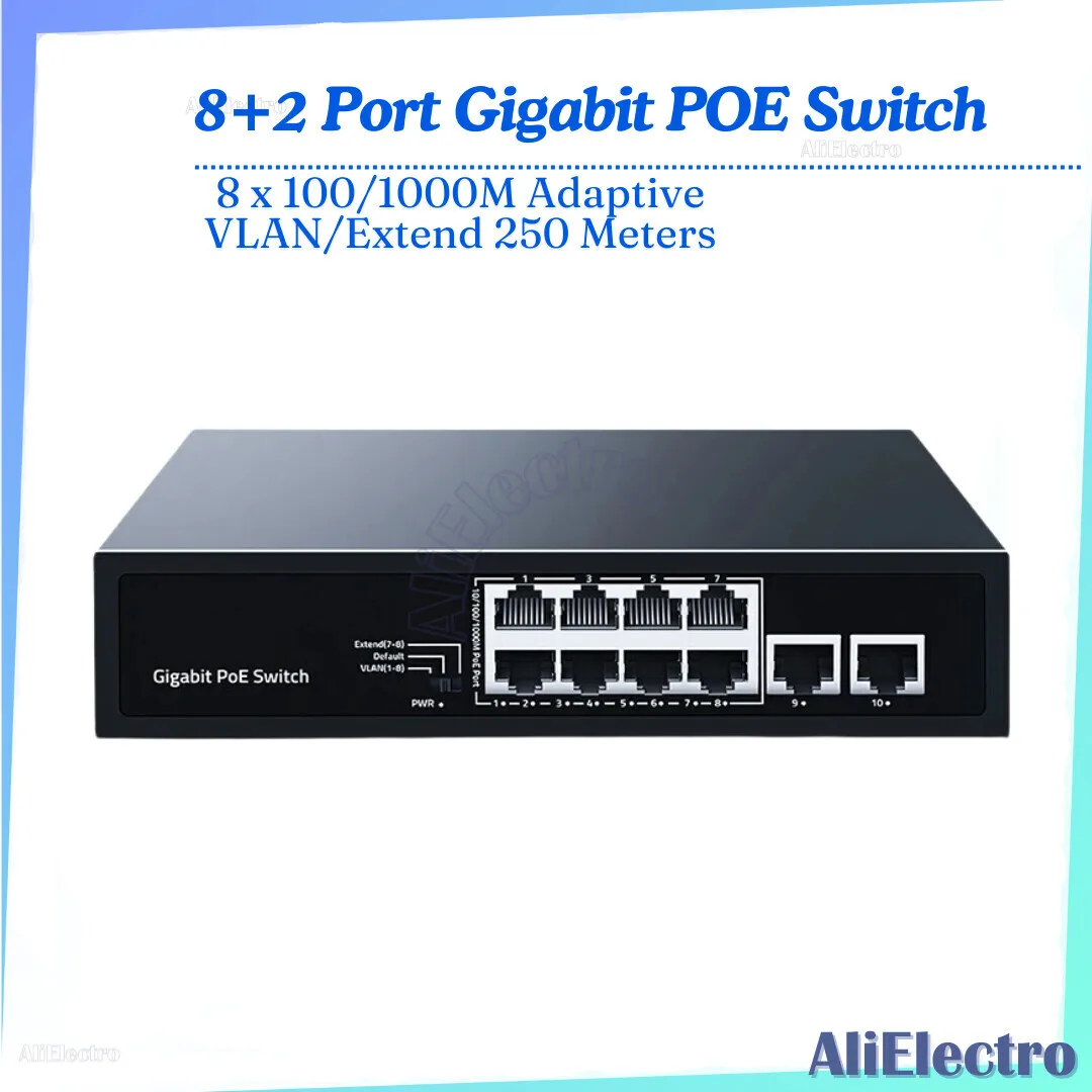 

8 Gigabit POE Switch 2 Port 1000M Uplink Networking Switcher Hub Internet Splitter Plug And Play For Surveillance