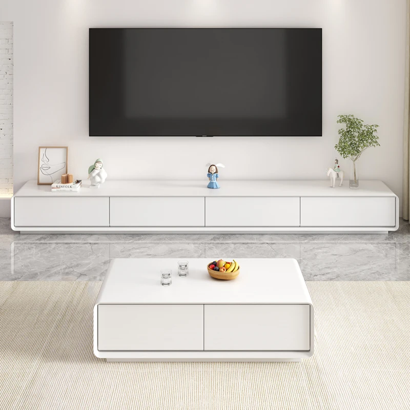 Round corner TV cabinet, coffee table combination, painted wall mounted Nordic minimalist white circular arc customized small un