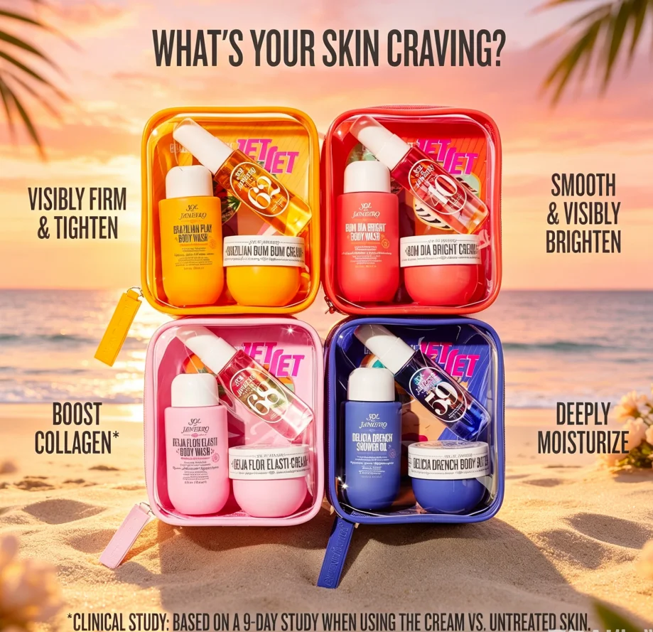 multiple choices The four travel suits of Sol de Janeiro series fragrance (bath gel, body milk, perfume spray) are convenient to carry, charming fragrance, lasting fragrance, and the first choice for fragrance lovers