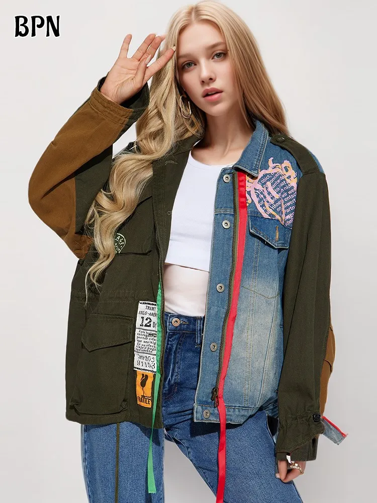 

BPN Vintage Printing Denim Jackets For Women Lapel Long Sleeve Hit Color Casual Loose Chic Coats Female Fashion Clothing Style