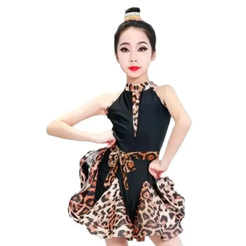 Children Ballroom Stage Performance Costumes Sleeveless latin dress Leopard Print Girls Latin Dance Dress