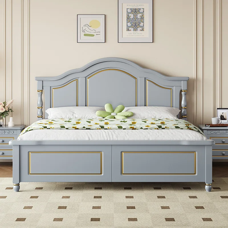 

American light luxury solid wood bed, double master bedroom beige single high box storage bed