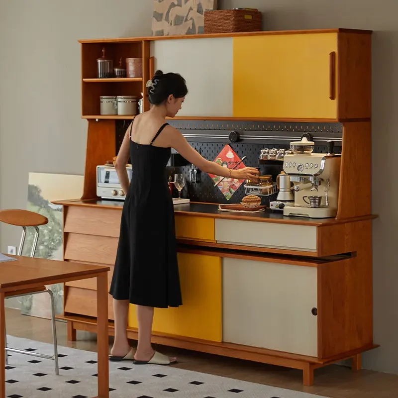 Rotatable dining table integrated with high cabinet cherry wood solid wood small apartment retro style