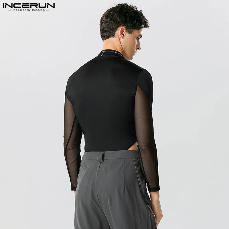 INCERUN Men Bodysuits Turtleneck Long Sleeve Mesh Transparent Sexy Rompers T Shirts Men 2024 Fitness Fashion Bodysuit S-5XL