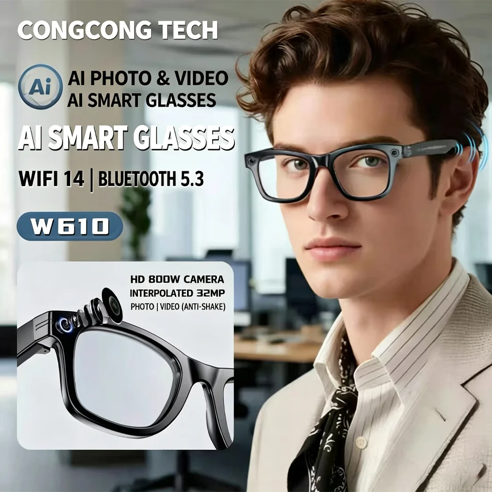 Smart AI Glasses W610 with Camera 8 Million Pixels Wi-Fi Touch Control Dual-microphone Noise Reduction AI Translation Sunglasses