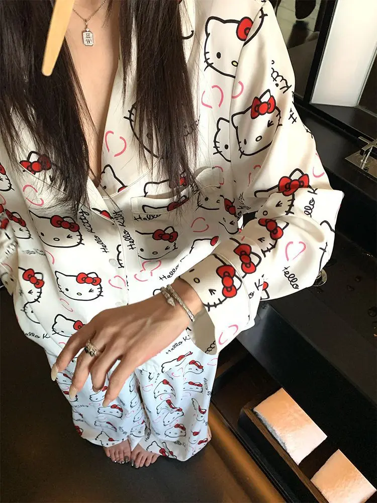 Kawaii Sanrio Hallo Kitty Frauen Nachthemd Sommer Nette 2Pcs Pyjamas Anzug Anime Eis Seide Homewear Set Cartoon Mädchen Hause kleidung