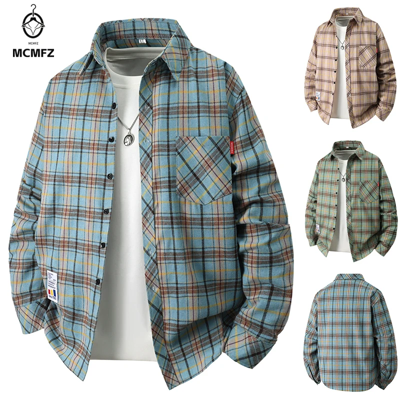 Herren Vintage Kariertes Hemd Langarm Umlegekragen Knopfleiste Vorne Overshirt Tägliches Casual-Oberteil mit Taschendesign