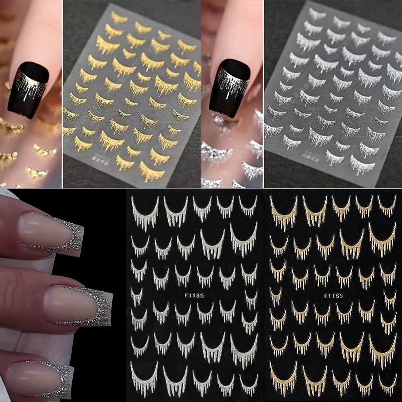 สติกเกอร์ติดเล็บลายเส้นฝรั่งเศส 1 ชิ้น แบบมีกาวในตัว สีทอง สีเงิน ลายเส้นกลิตเตอร์ เรียบง่าย สไตล์สไลเดอร์ สำหรับตกแต่งเล็บ DIY