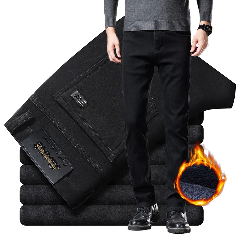 

Business Straight Winter Fleece Jeans Winter Thick Slim Fit Classic Brand Denim Trousers Fashion Warm Velvet Plush Male Pants