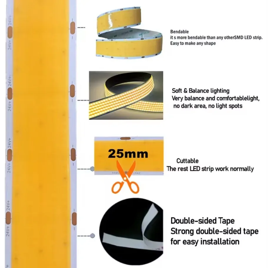 1600LED/m Super Bright COB LED Strip DC24V 30mm Wide LED Ribbon Tape Indoor Lighting TV Backlight Flexible Ribbon Rope LED Strip