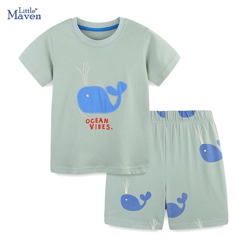 Little maven Children's Clothing Kids Clothes Baby Boys 2025 Tracksuit Summer Cotton Sets Cartoon Whales T Shirts Tops+Pants