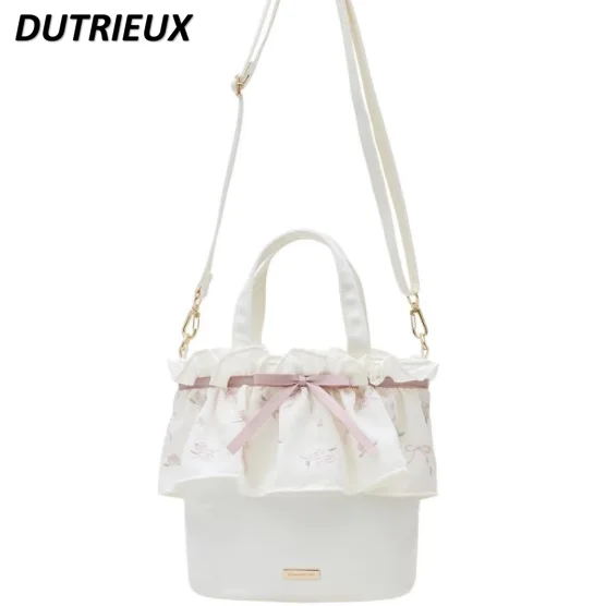 Japanese Style New French Casual Handbags for Women Embroidered Ribbon Lotus Leaf Lace Handheld Crossbody Shoulder Bag Femme