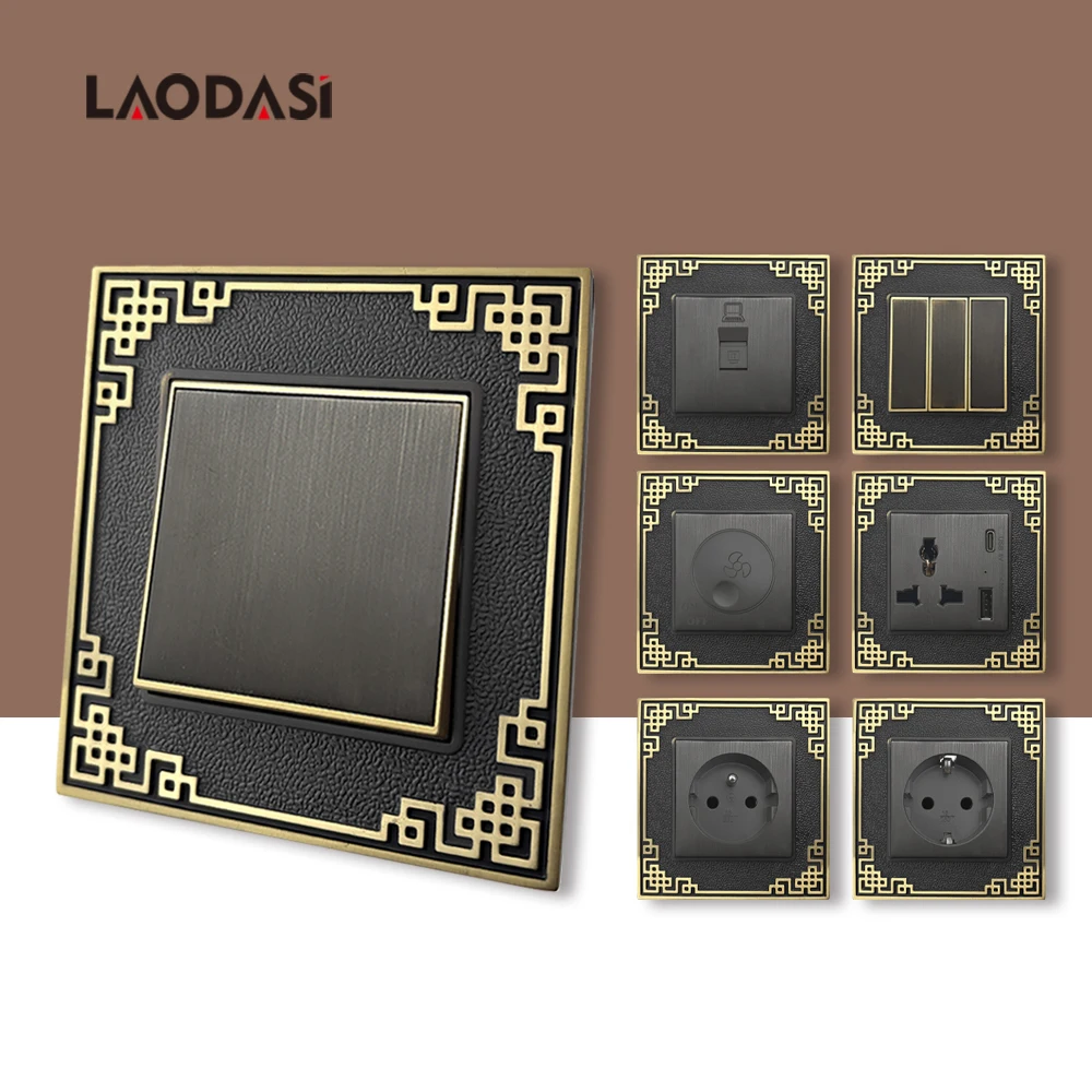 Laodasi Vintage European Wall Light Switch 1/2/3 Gang 1/2Way,EU France Standard Copper Metall Dual Electrical Plug Outlet Socket