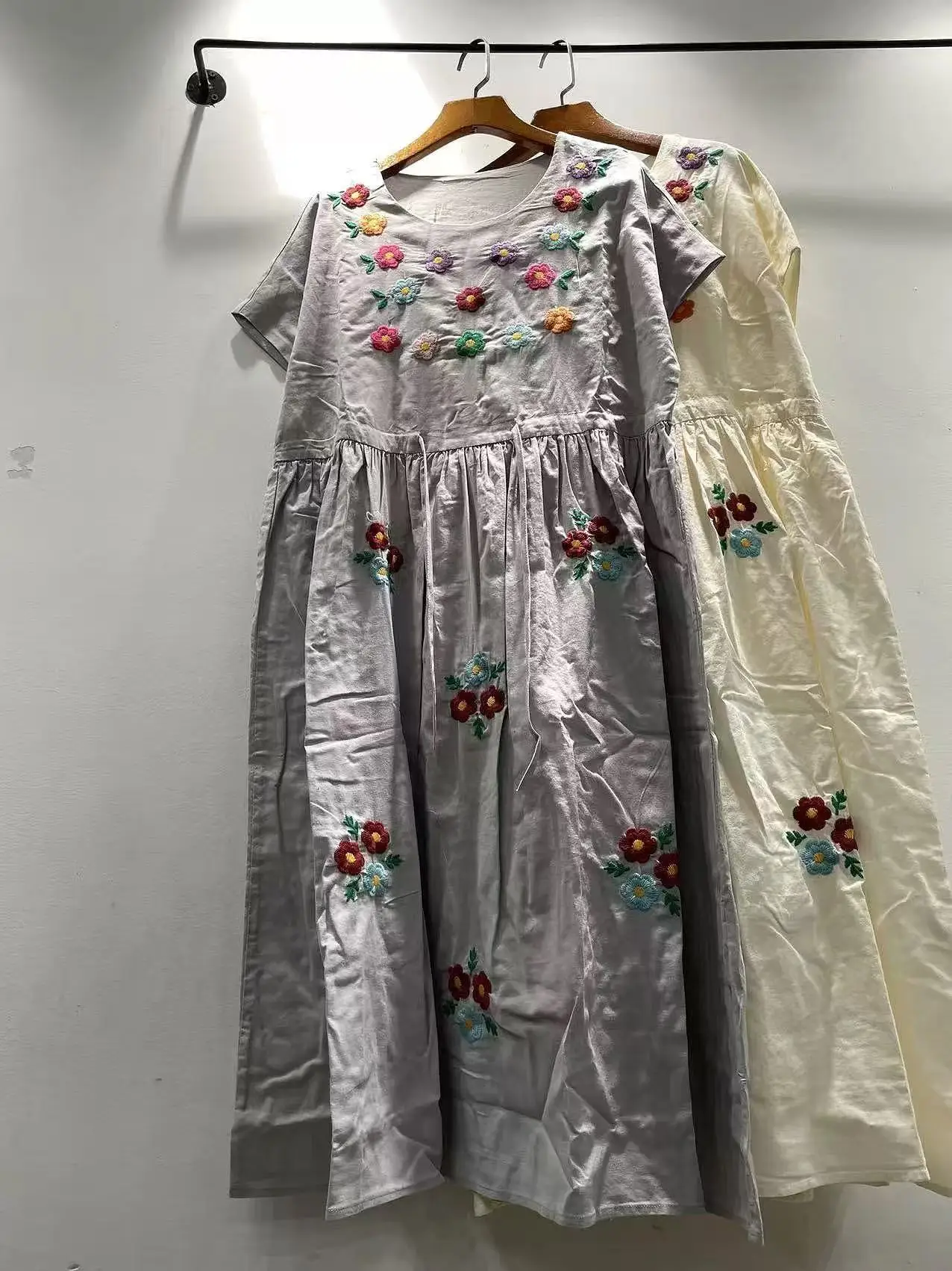 2026 Mori girl summer beige gray flower handmade embroidered dress for women vintage 100% cotton loose dress - view 2