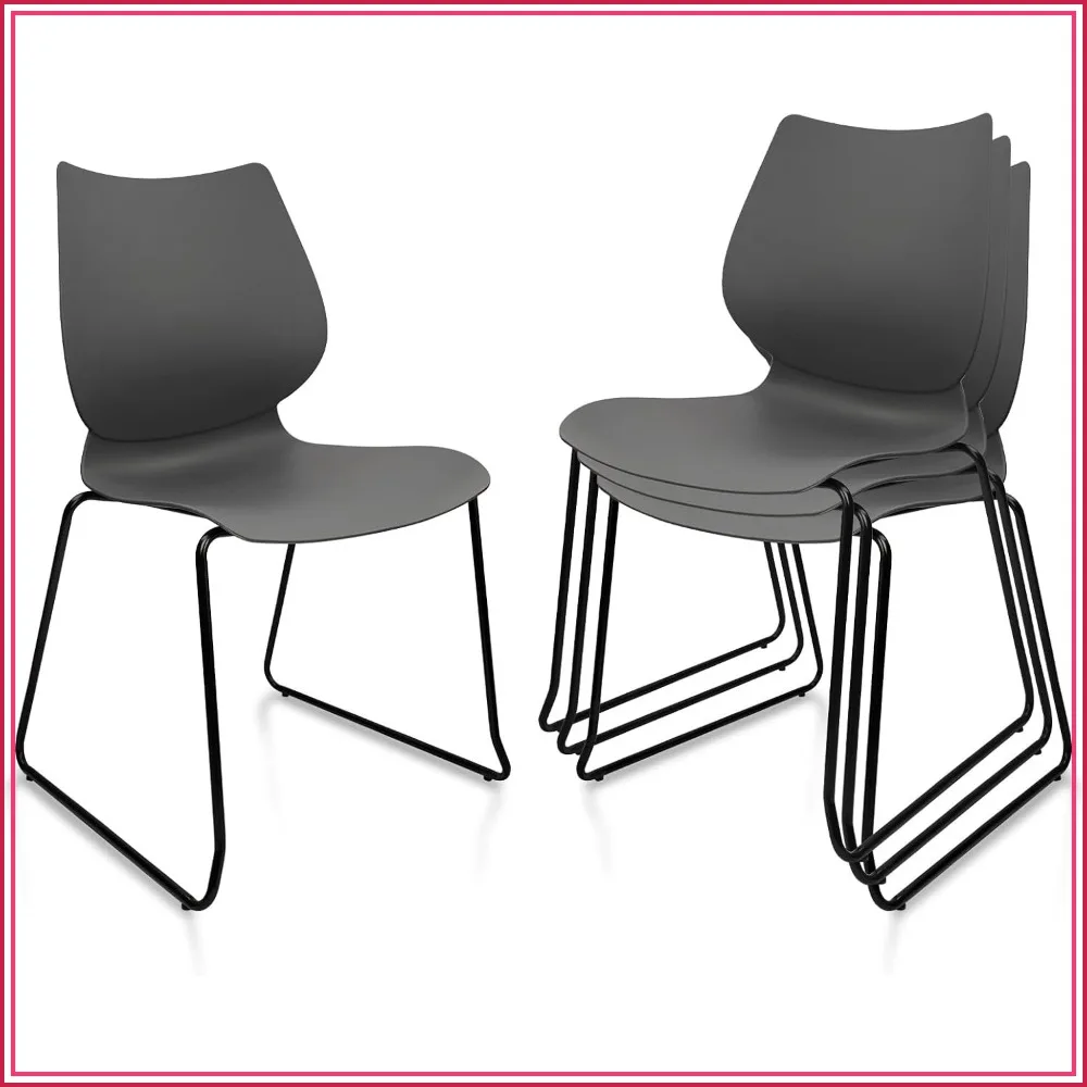 Stacking Plastic Chairs Set of 4 Lumbar Support Metal Legs Grey Office