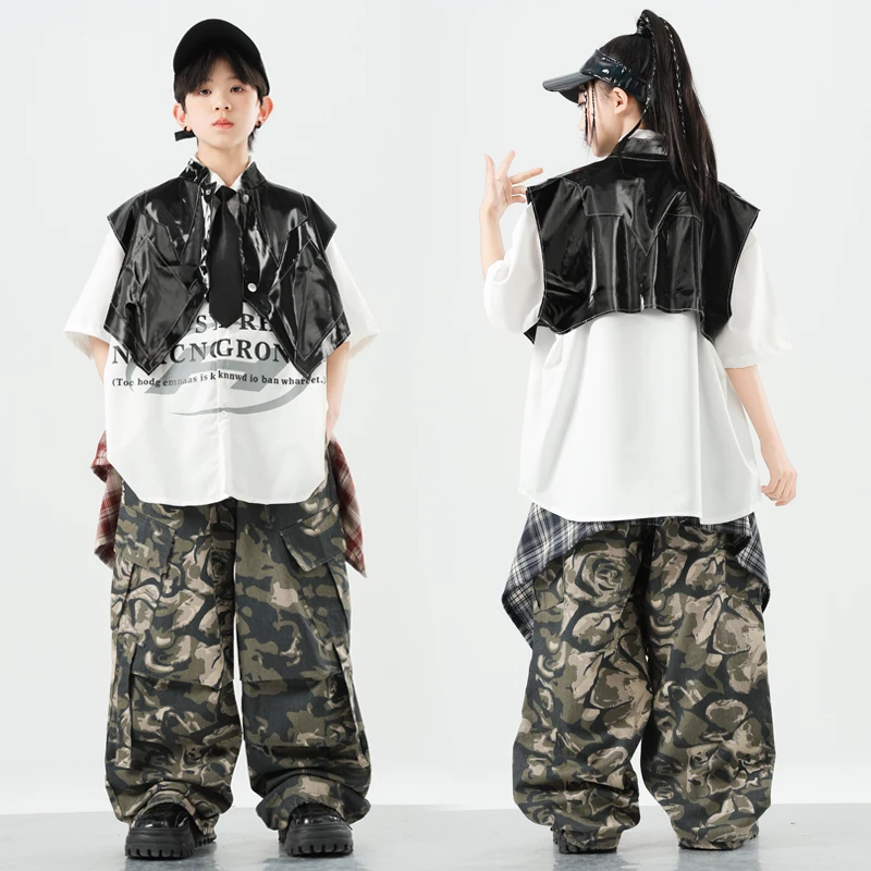 Jungen K-pop Street Dance Polo T-shirt Pu Weste Cargo Hosen Mädchen Hip Hop Camo Jogger Kinder Kleidung Sets kinder Jazz Streetwear