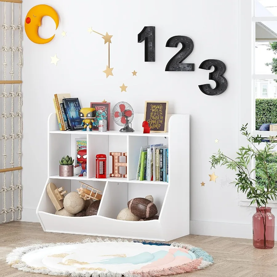 Toy Storage Organizer with Bookcase for Multi Shelf Cubby Storage Solution for Books Toys and Accessories in Playrooms or Bedro