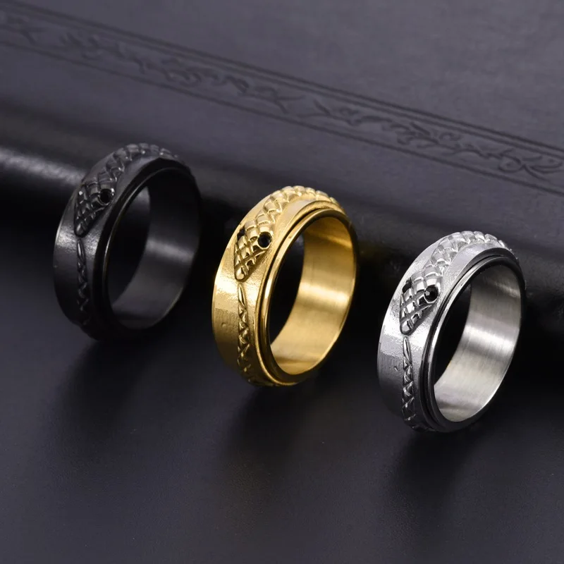 Antique Snake Band Ring for Men Women Cool Black Gold Color Stainless Steel Gorthic Animal Spinner Ring Fidget Anxiety Ring