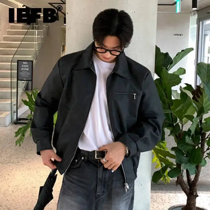 IEFB High Street Men's PU Leather Coats Turn-down Collar Solid Color Zipper Patchwork Pocket Loose Male Jackets Simple 9X631