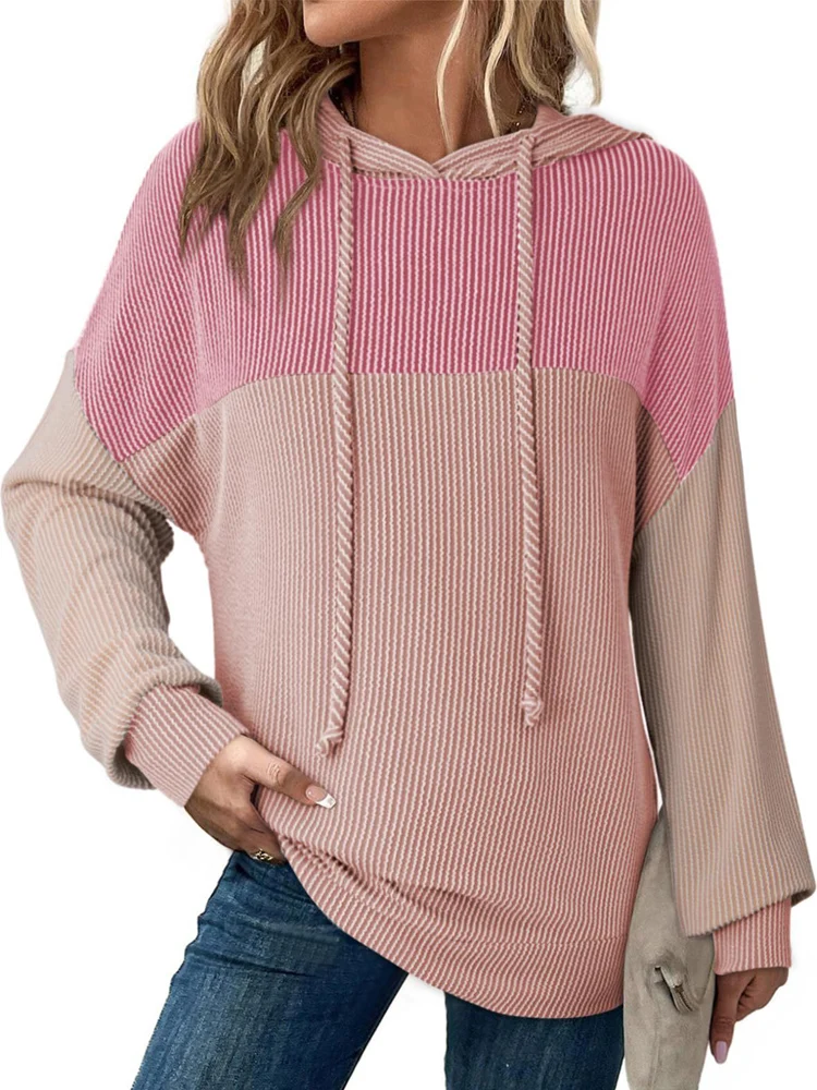 새로운 가을 여성 스트라이프 후드, 풀오버 후드, 긴 소매 후드, 패치 워크 후드, 여성용 캐주얼 후드, 여성 의류