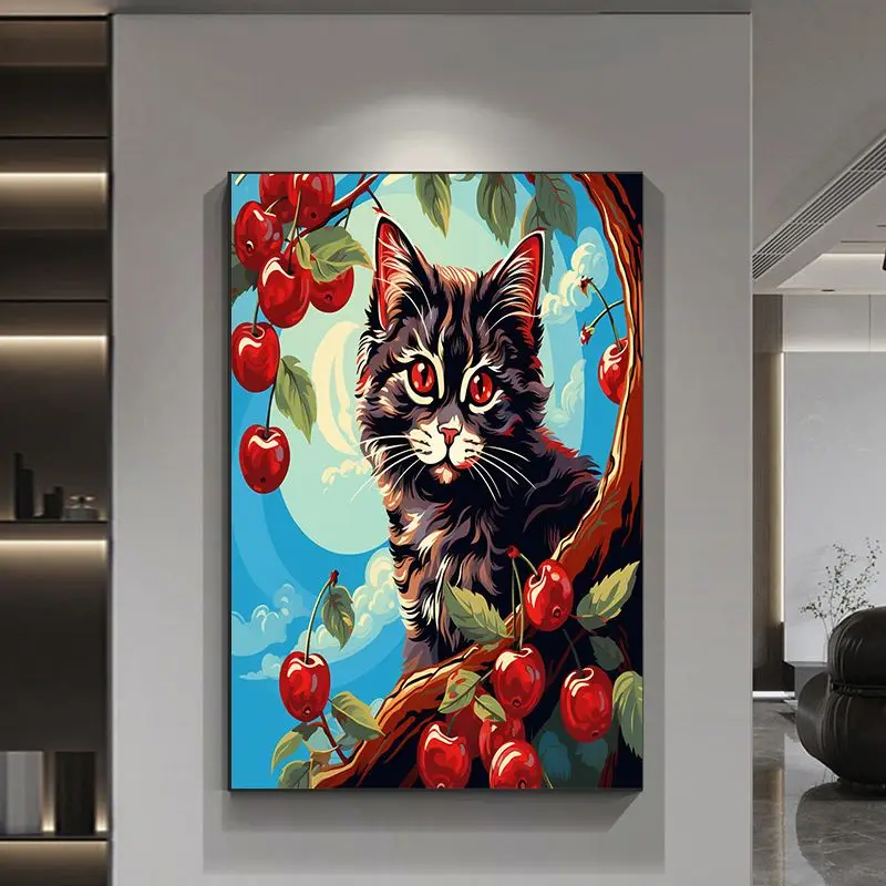 CHENISTORY Coloring By Numbers Cherry Cat Wall Art Pictures By Number Animal For Adults DIY 40x50cm Frame Home Decoration