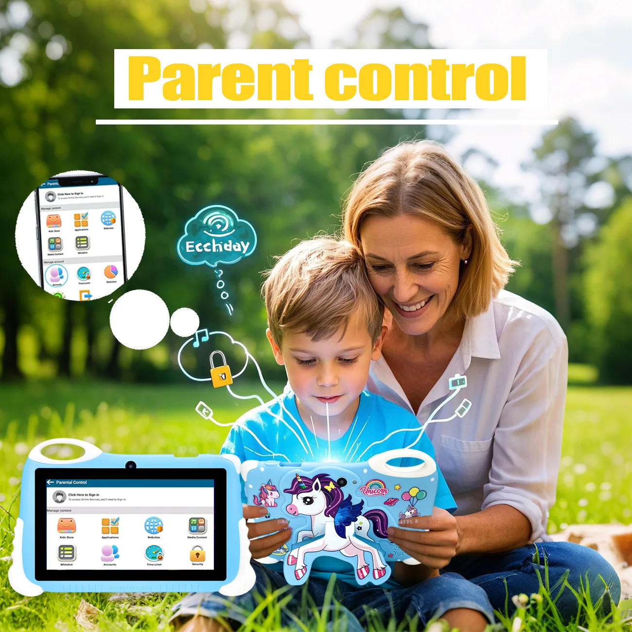 Tablet infantil Android 12 de 7 polegadas, tablet educacional com câmeras duplas, projetado para meninos e meninas como aniversário divertido, presentes de Natal