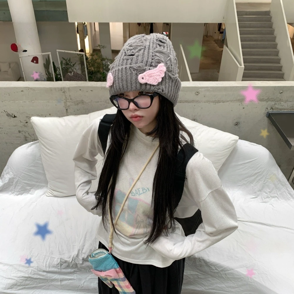 

Y2K оригинальная вязаная шапка с крыльями, субкультура, корейская уличная модная уличная пара, теплая защита ушей, декоративные аксессуары