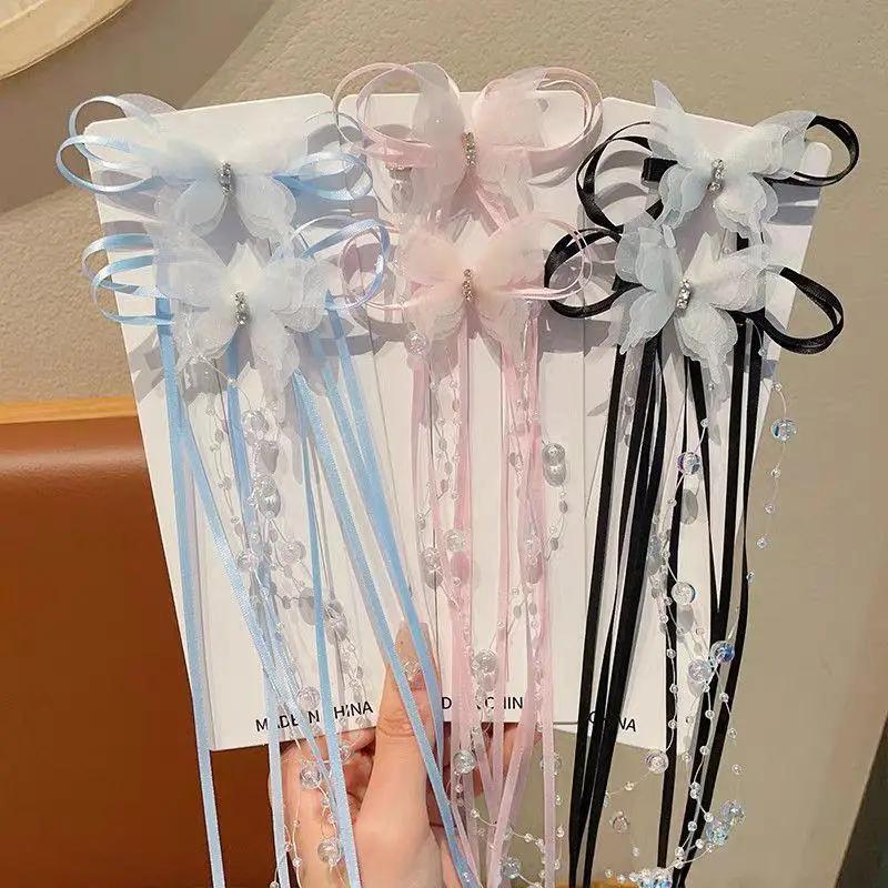 

【JYS-7】2PCS Butterfly Tassel Baby Hair Clips Long Ribbon Pearl Duck Tongue Clips Princess Sided Clips Kids Hair Accessories