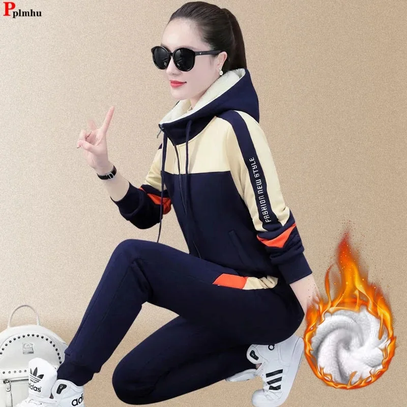 Casual Patchwork Plus Velvet Tracksuit Women Winter Zipper Sweatshirt Jogger Pant Sets Warm Thick Jacket Sweatpants 2 Pieces Set