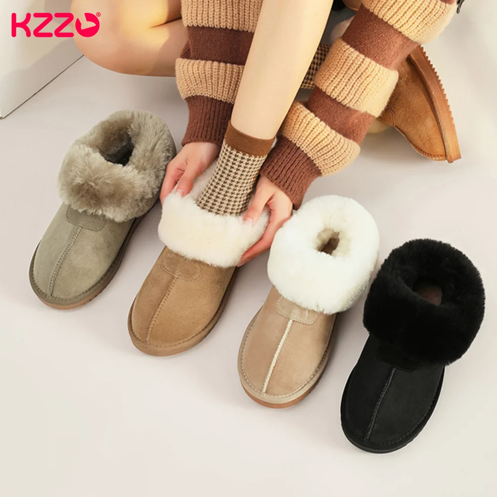 KZZO Australia Natural Wool Fur Mini Shallow Snow Boots Women Genuine Leather Casual Short Ankle Winter Warm Shoes Non-slip