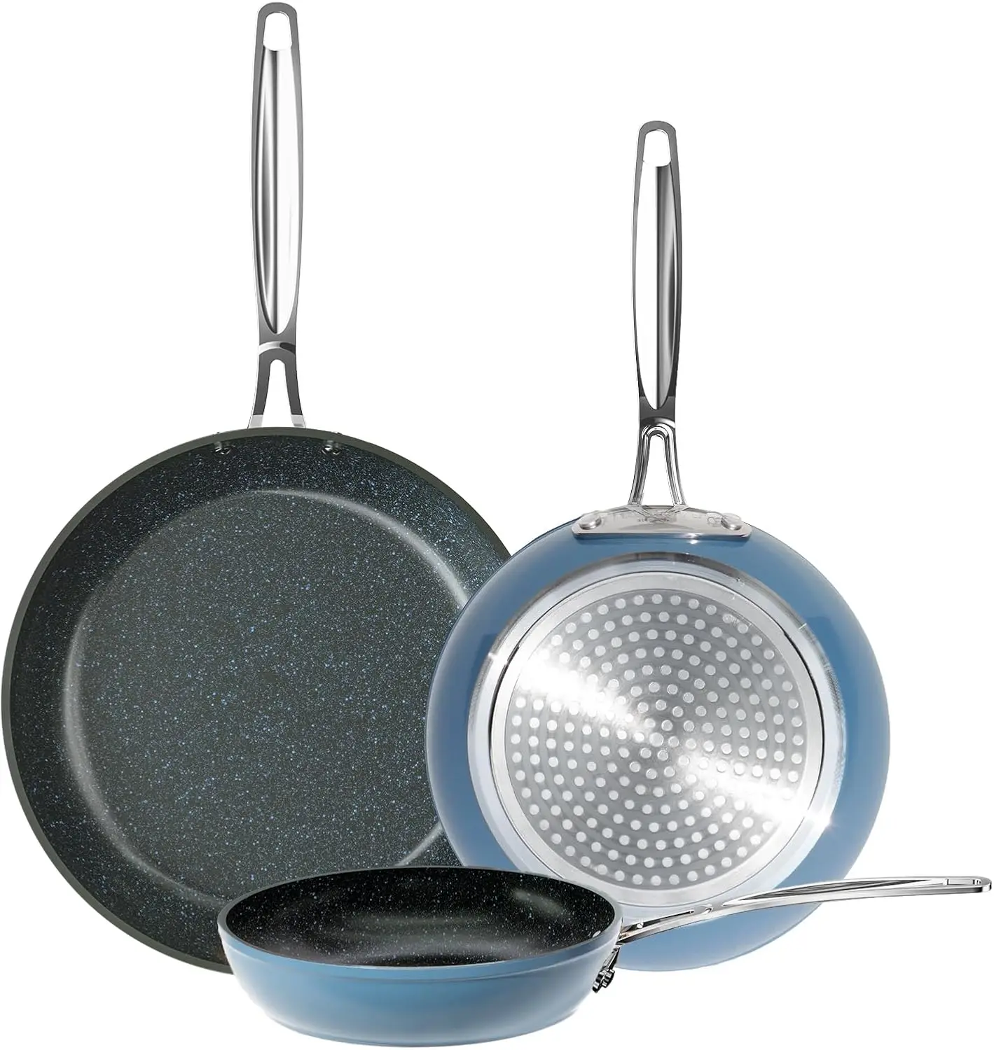 

3-Piece 8”, 10”, 12” Forged Lightweight Frying Pan Set, G10 Healthy Duralon Blue Ceramic Ultra Non-Stick, Ergonomic Stay-Cool H