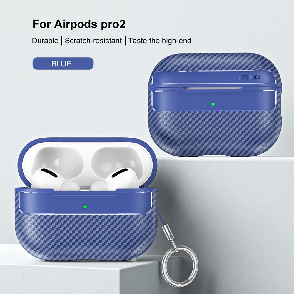 For Airpods Pro 2 Case Carbon Fiber Texture Soft Silicone Earphone Case With Keyring Funda For Air Pods 3 2 1 Shockproof Cover