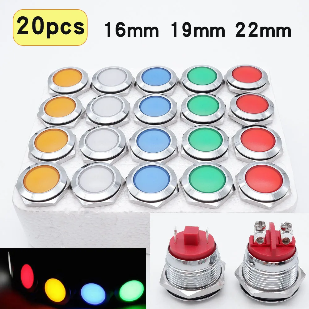 20 PCS LED Metal Indicator Light Warning Signal Lamp 16mm 19mm 22mm Waterproof Red Yellow Blue Green White 6V 12V 24V 110V 220V