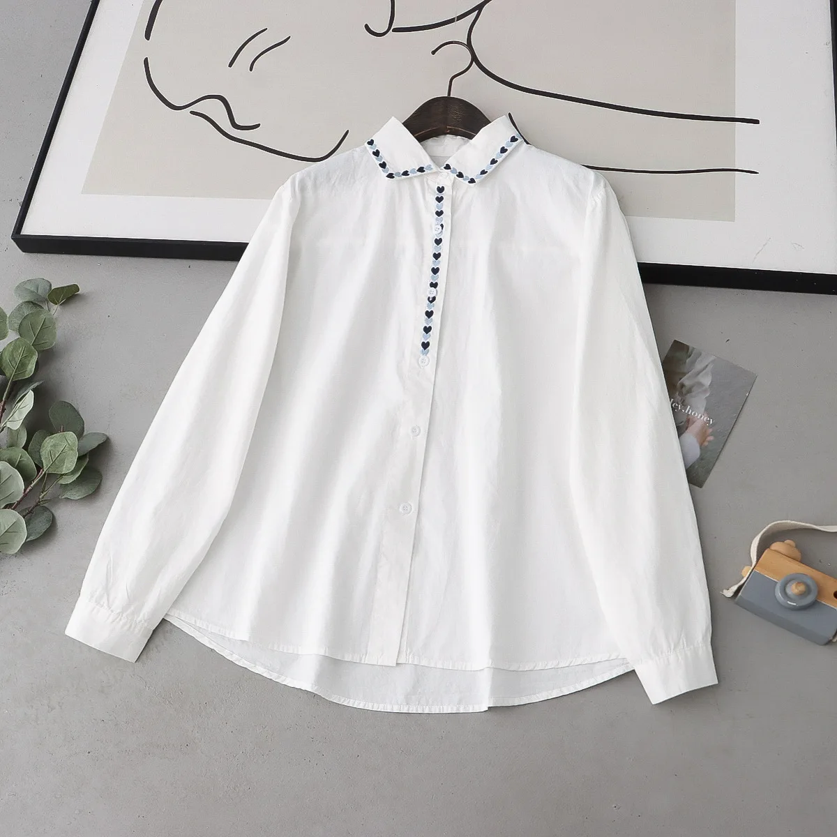 New Autumn Cotton Embroidery Shirts Women Lapel Collar Tops Girl Long Sleeve Loose Basic Blouses Age Reduction Spring T30491QC