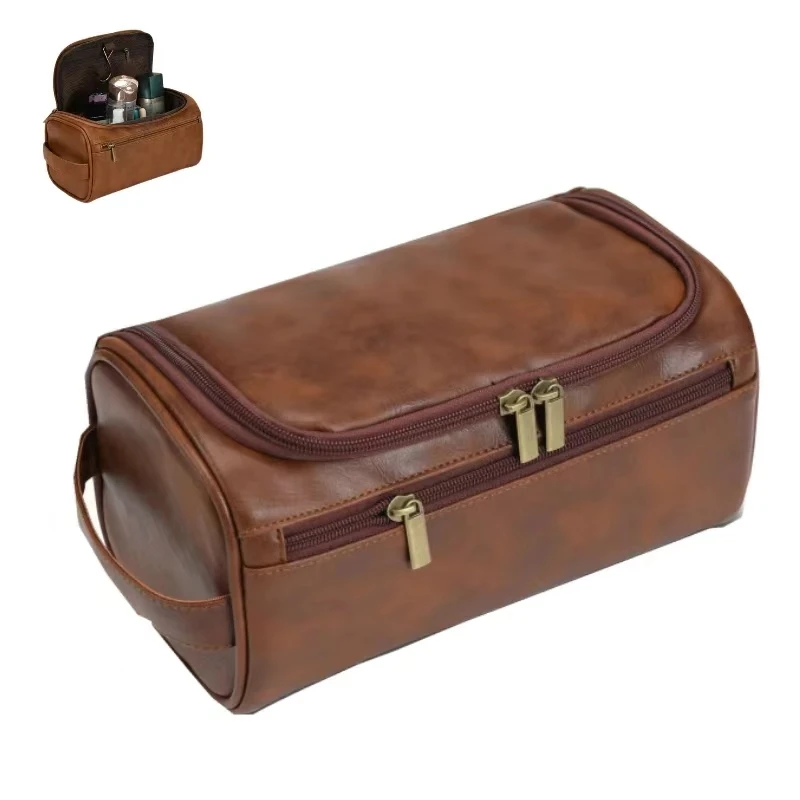 Men's Vintage Toiletry Bag - Luxury Travel Cosmetic Case Hanging Wash Bag for Business Trips Male Makeup Organizer Storage Pouch