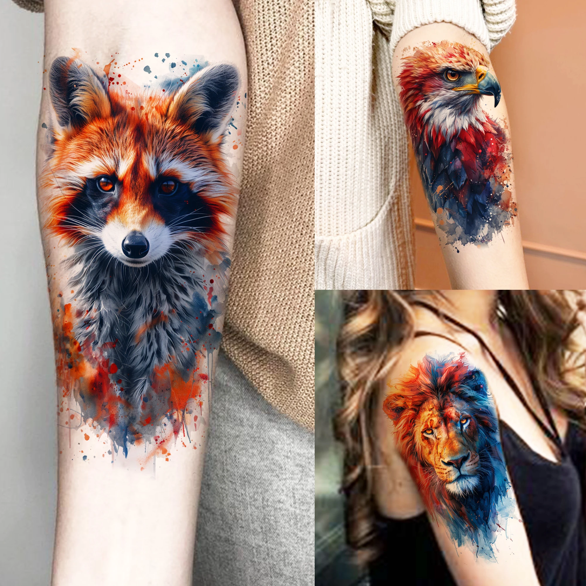 1 Sheet Watercolor Raccoon Eagle Temporary Tattoos Realistic Animal Body Art Tatoos Waterproof Fake Tattoo Sticker Long Lasting
