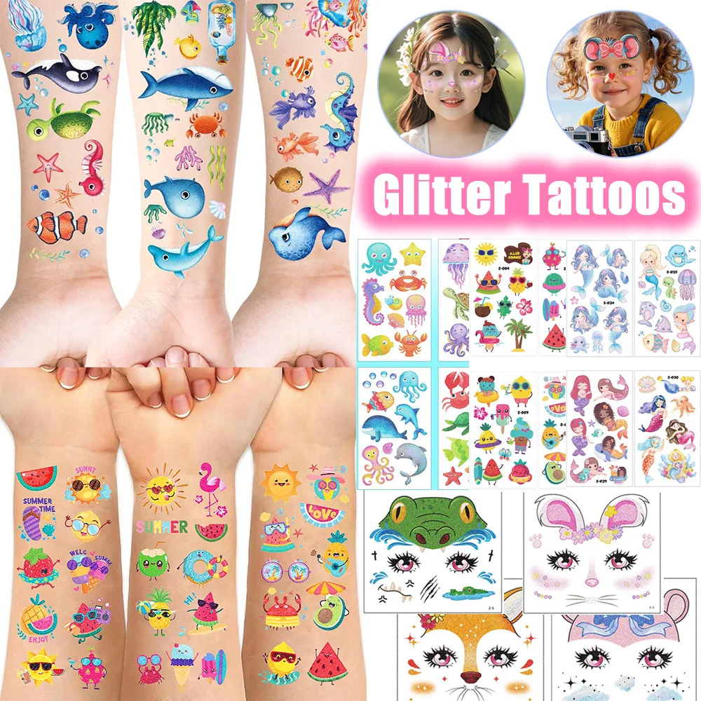 

Временные татуировки с блестками, 10 листов, наклейки-тату с фруктами и морскими животными для женщин, водонепроницаемые фальшивые татуировки на день рождения