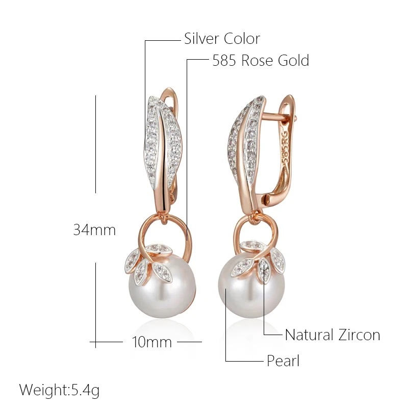 Wbmqda Luxury Pearl Women\'s Long Drop Earrings 585 Rose Gold Silver Color Ethnic Wedding Party Fine Zircon Jewelry Accessories